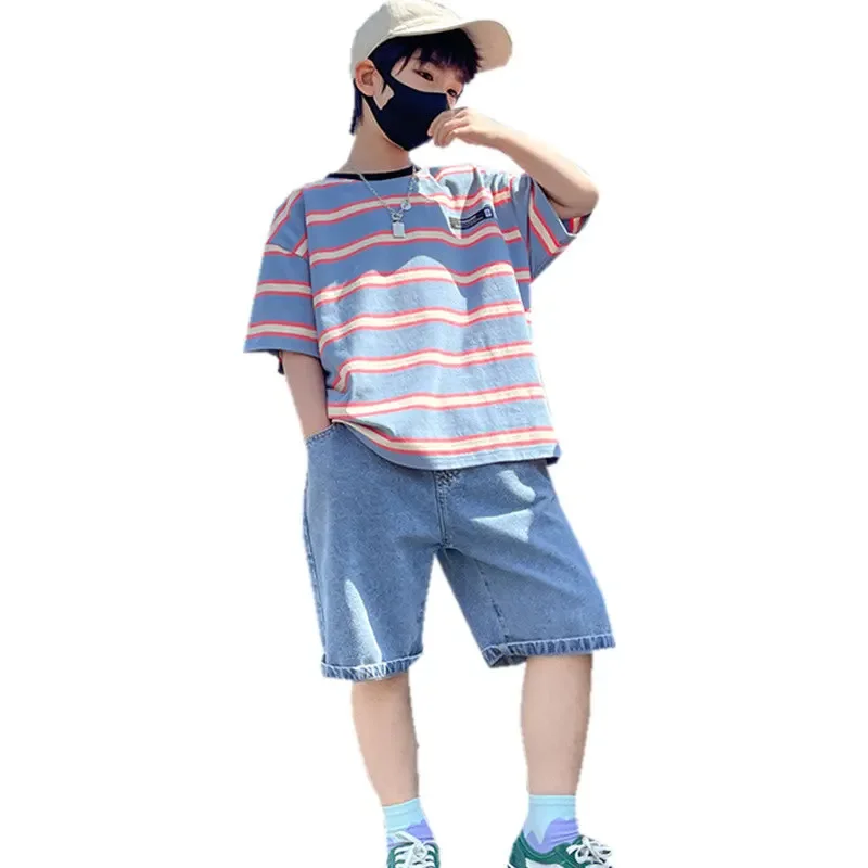 

Summer Kids Boys T Shirt+Shorts 2pcs Clothing Sets Children Sport Suit Teenager Boys Korean Loose Tracksuits 5-14 outfits