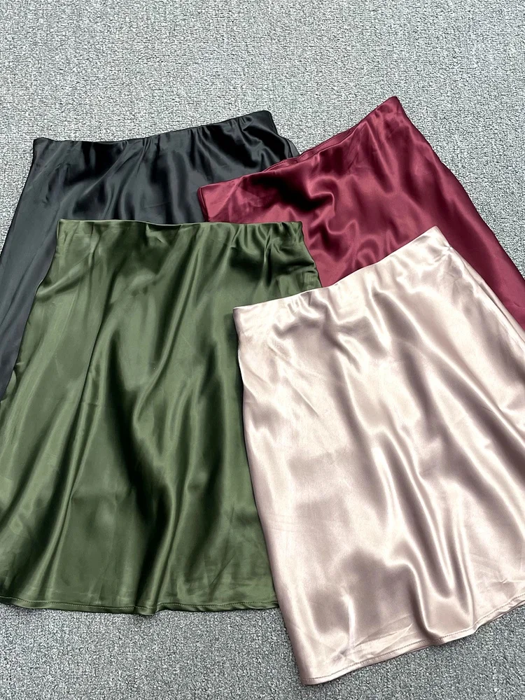 

Elastic Waist Smooth Silk f Skirt High Waist Polyester Fiber Casual Sle Commute Zipper Design Slim Fit H-ape A-Line Skirt