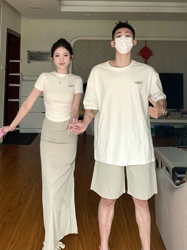American Style Short Sleeve T-Shirt Couple's Special Design Summer High-End Feeling Set Skirt And Shirt Trendy Loose Fit Yout...
