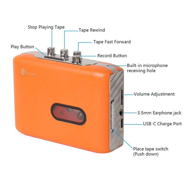 

Portable Cassette Recorder USB C Player With Headphone Tape To MP3 Converter Casette Player Ca Player Portable Orange-AU47