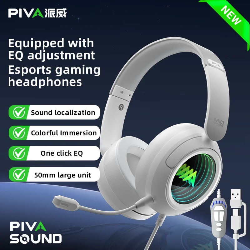 

PIVA M10 USB Type-C 50mm unit e-sports gaming headset with built-in bass stereo sound card headphone