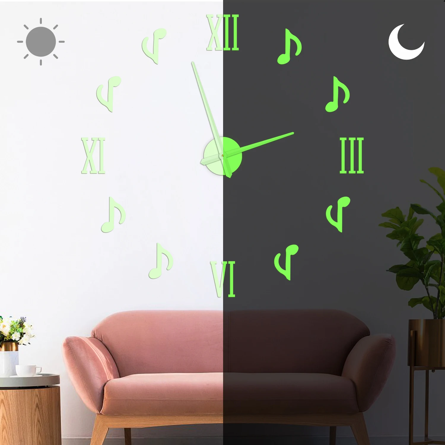 Roman Numeral Music Note Glow In The Dark DIY Wall Clock Self‑Adhesive Stickers Custom Size Wall Clock for Music Room Home Decor