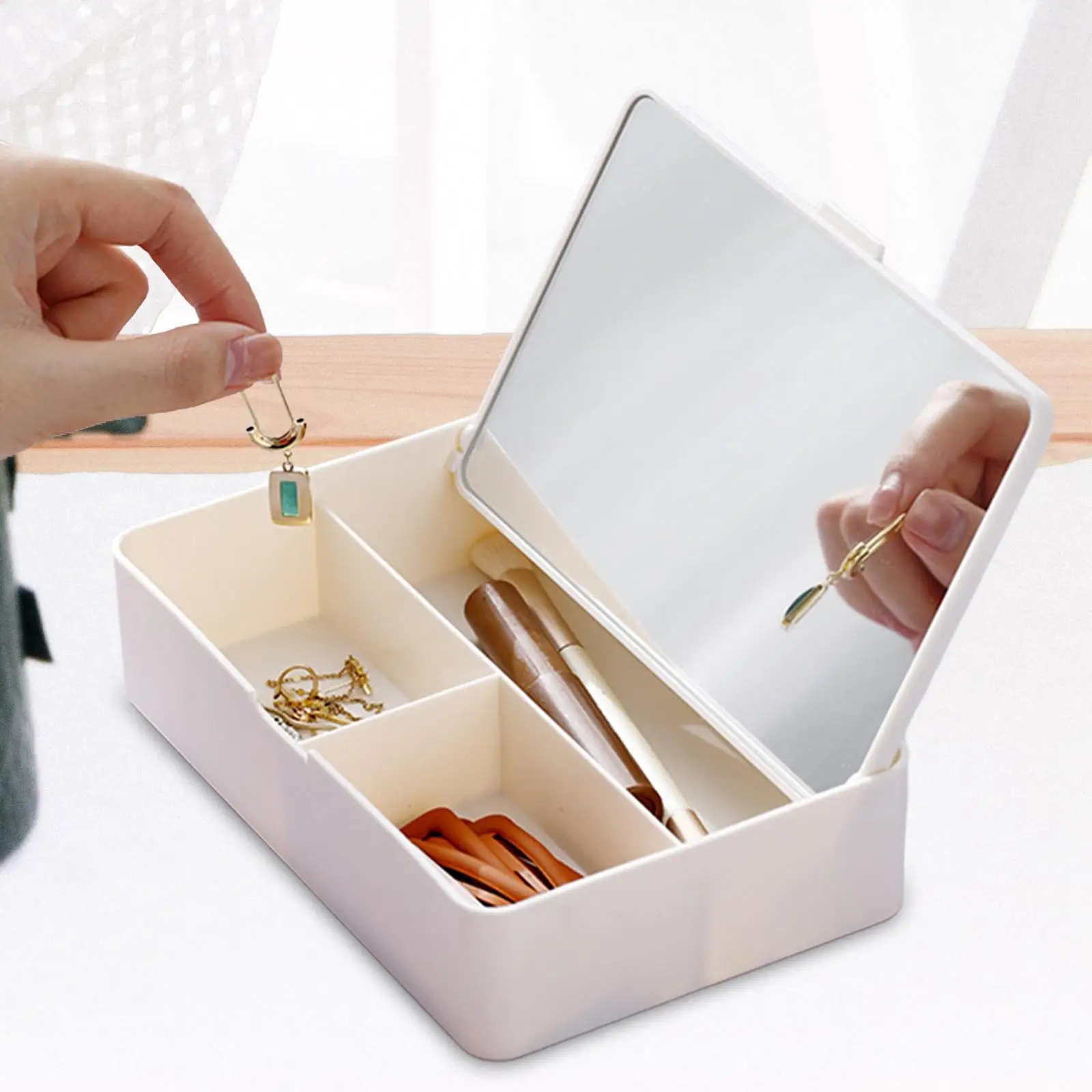 Portable Desktop Storage Box Foldable Storage Women Ear Storage Makeup Organizer Case with Mirror for Dorm Desktop Home Vanity