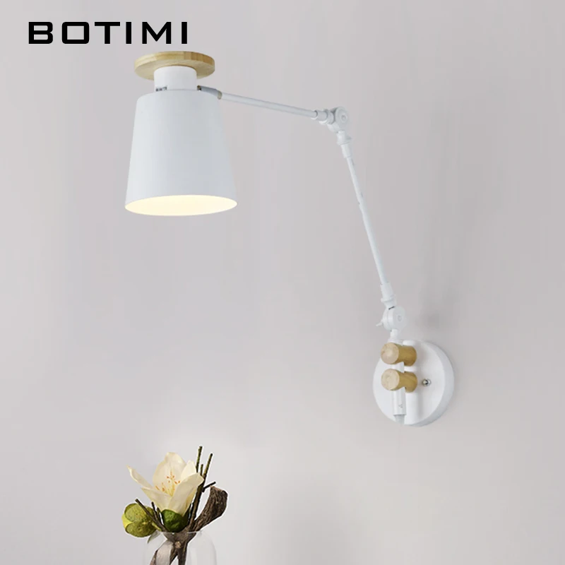 

BOTIMI Adjustable Arm Wall Lamp with White Metal Lampshade Gray Bedside Light E27 Reading Lighting Fixture