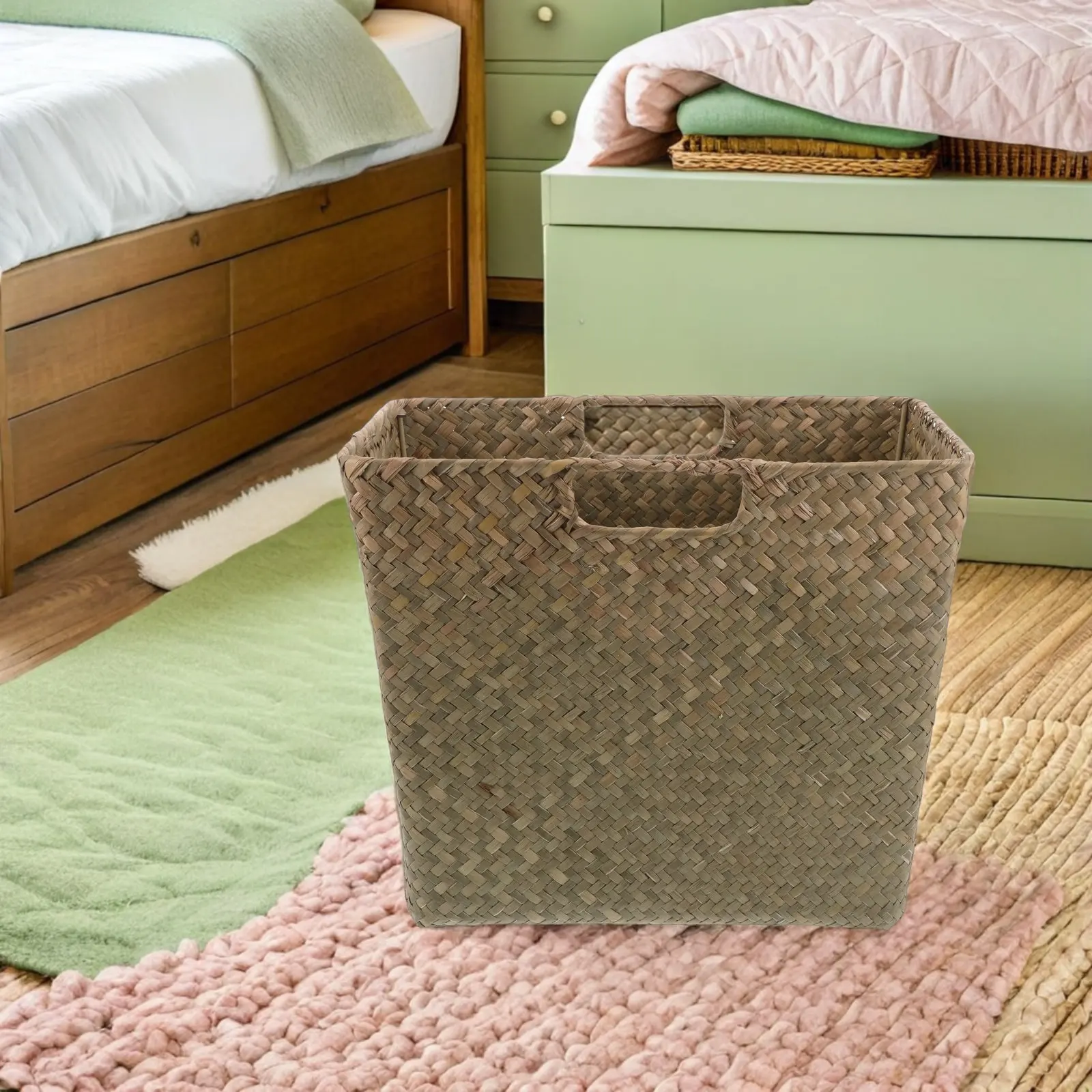 

Handwoven Seagrass Storage Basket 13.76x11.79x7.15in Dual Handles Organiser for Living Room Bedroom Office Decorative Woven