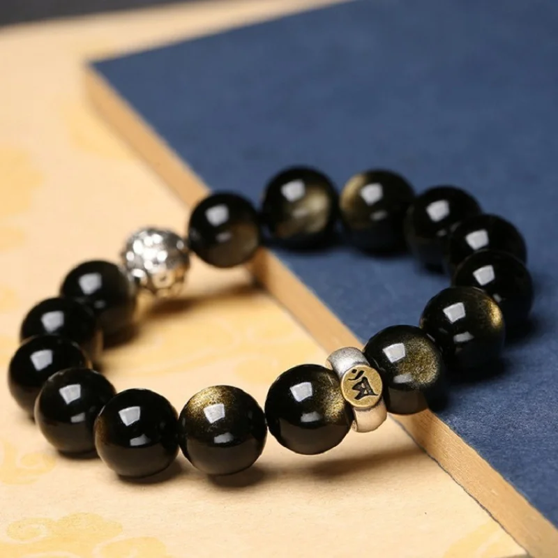 

Natural S925 Silver Zodiac Buddha Bracelet Men And Women Black Gold Obsidian Guardian Deity