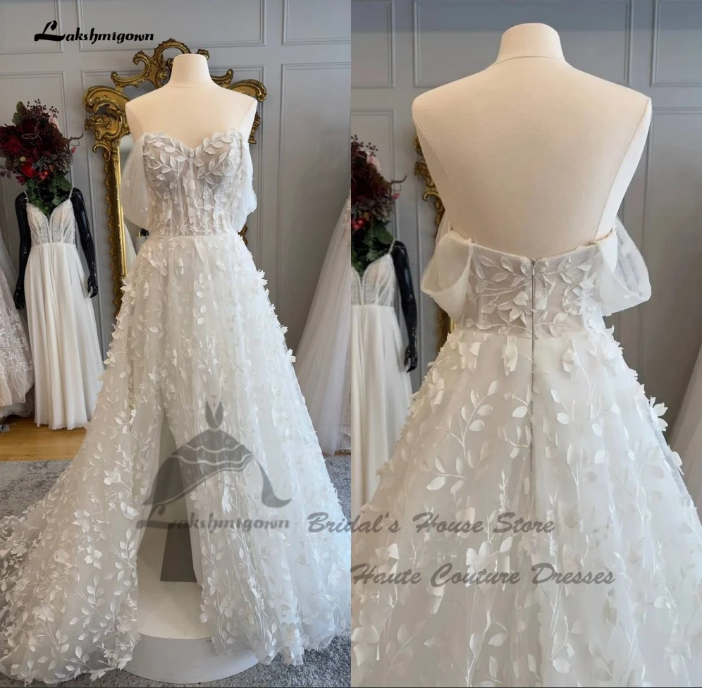 

Lakshmigown Floral 3D Lace Beach Wedding Dresses For Women 2024 Princess Boho Bridal Gowns Side Split Bata Novia Boda