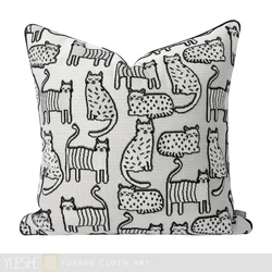 Modern Model Room Cushion, Simple, Children's Room, Black and White Velvet, Fabric Embroidered Cat Decorative Pillow