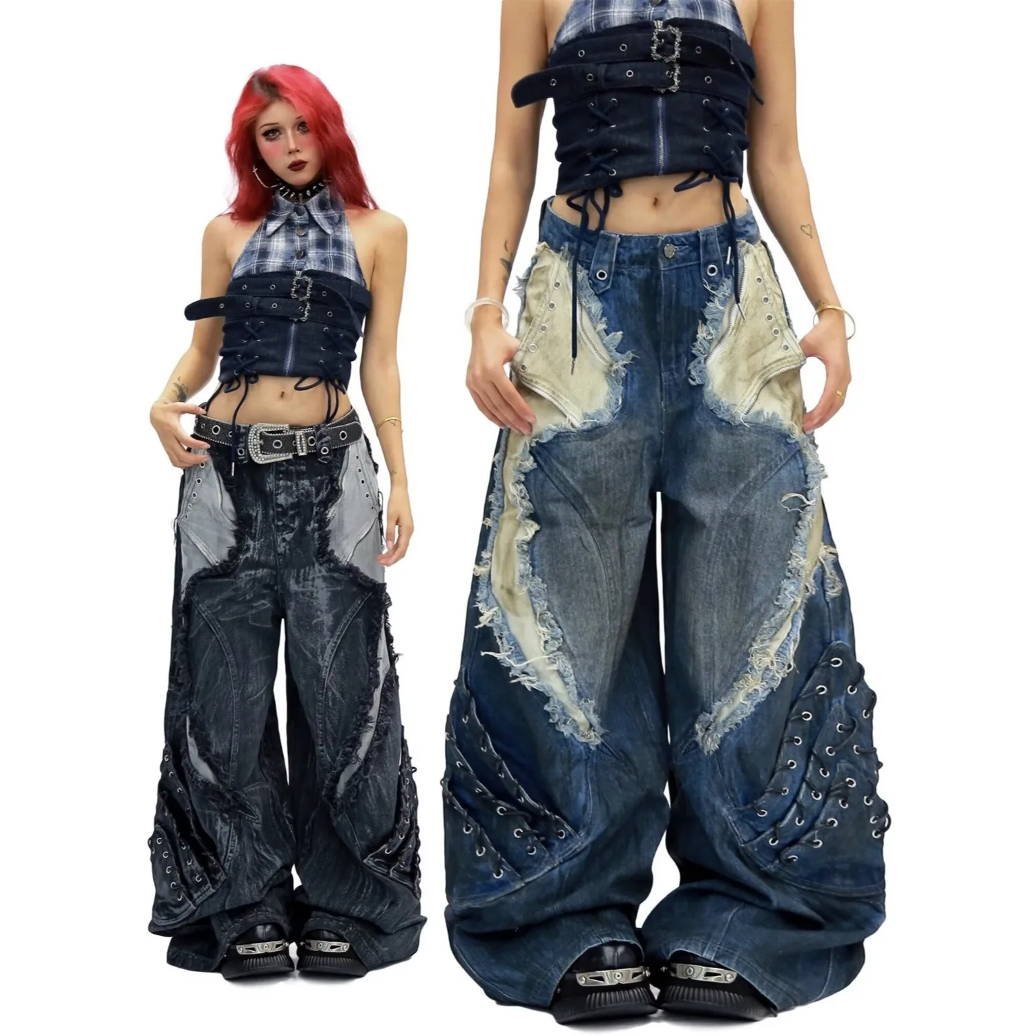 2026 New American High Street Deconstructed Fringe Ripped Jeans Unisex Summer Vintage Washed Big Pocket Floor Length Pants