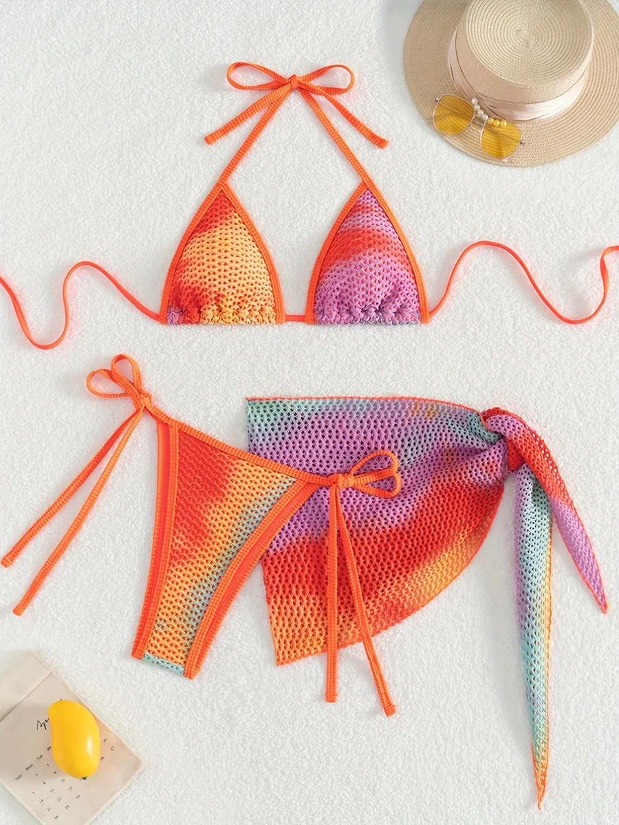 3PCS Printed with Mesh Skirt Halter Bikini Women Swimsuit Female Swimwear Three-pieces Bikini Set Bathing Suit Swim Beachwear