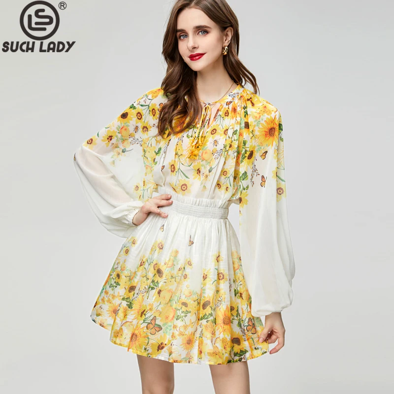 

Women's Runway Designer Two Piece Dress O Neck Long Lantern Sleeves Blouse with Printed Skirt Fashion Twinset Sets