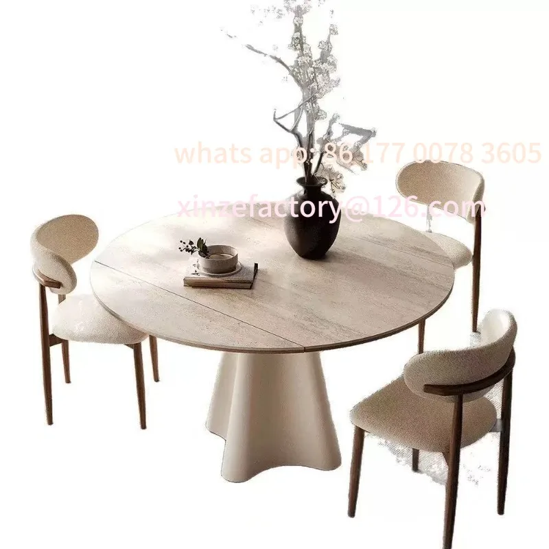 Customizable French travertine rock slab dining table variable round table solid wood small apartment cream style rice