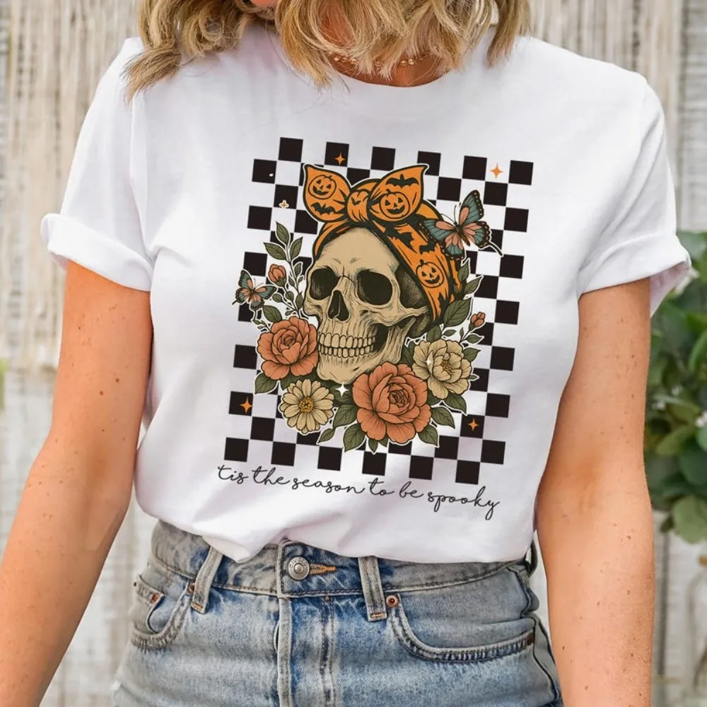 

Рубашка с цветочным черепом, футболка со скелетом на Хэллоуин, жуткий сезонный подарок, женская футболка, футболка с черепом ужасов, уникальные повседневные праздничные костюмы