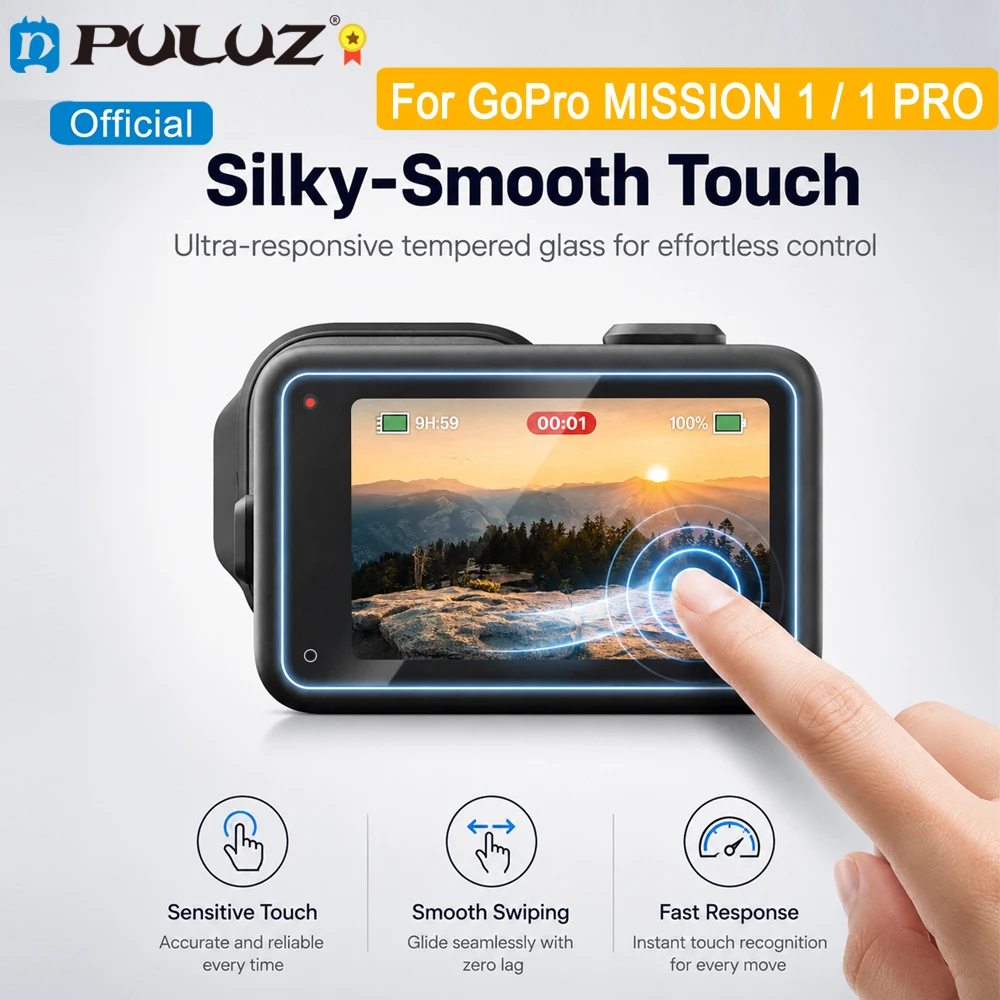 PULUZ 3-in-1 9H Tempered Glass Film For GoPro MISSION 1 / MISSION 1 PRO Camera Lens Film & Front + Rear Screen Protector Films