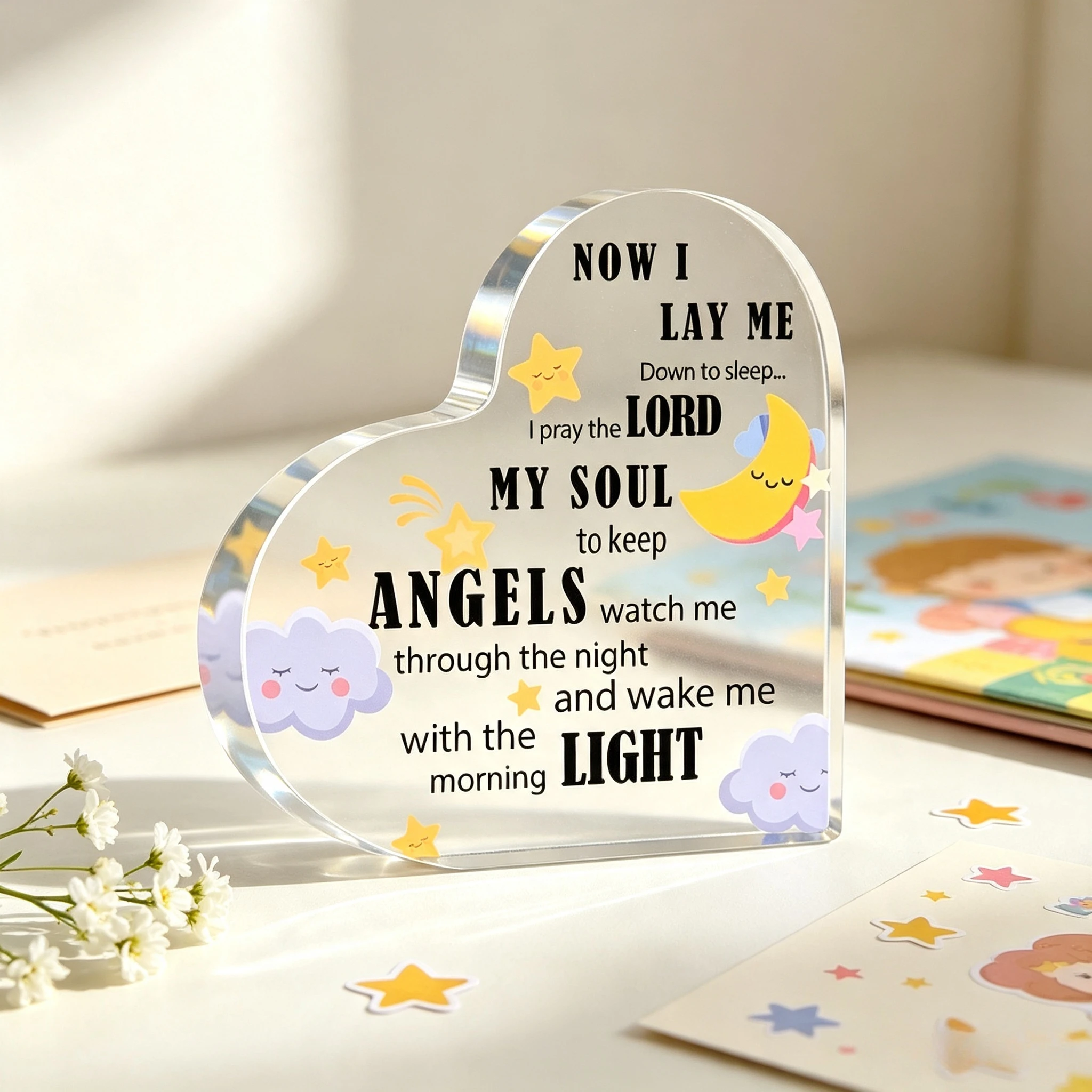Heart Shaped Acrylic Plaque Kids Bedtime Prayer Moon Star Cloud Nursery Decor,Now I Lay Me Down To Sleep Acrylic Heart Ornament Christian Baby Room Table Sign