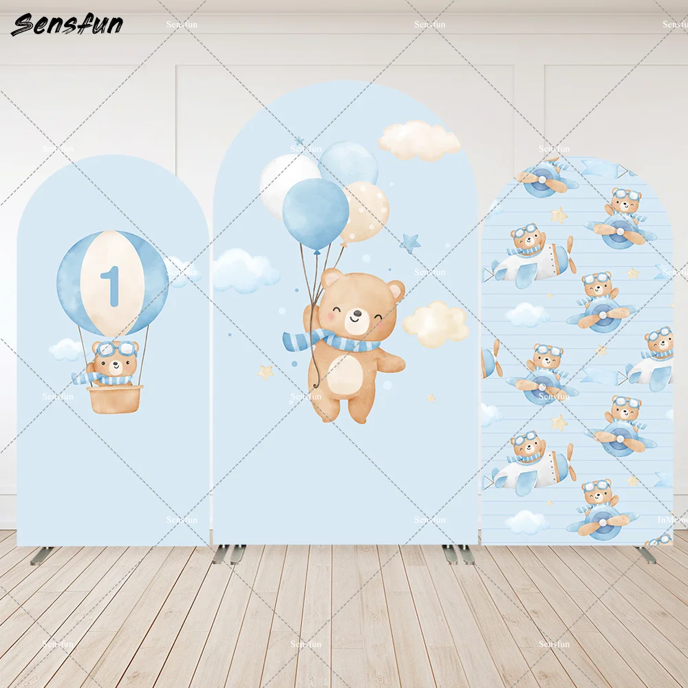 

Boy 1st Birthday Decoration Arched Backdrop Cover Party Banner Hot Air Balloons Bear Baby Shower Arch Wall Airplane Background