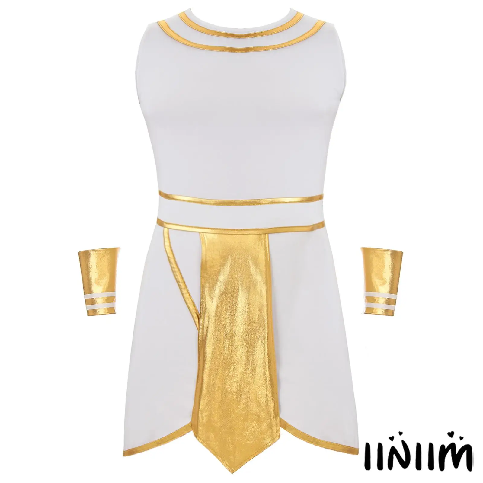 

Mens Egyptian Pharaoh King Cosplay Costume Halloween Role Play Outfits Ancient Egypt Dress with Cuff Theme Party Fancy Dress Up