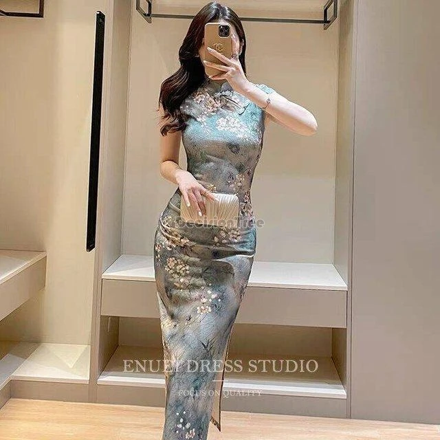 

Summer Chinese style retro fashion cheongsam improved daily long stand collar short sleeve slimming sexy printing qipao dress