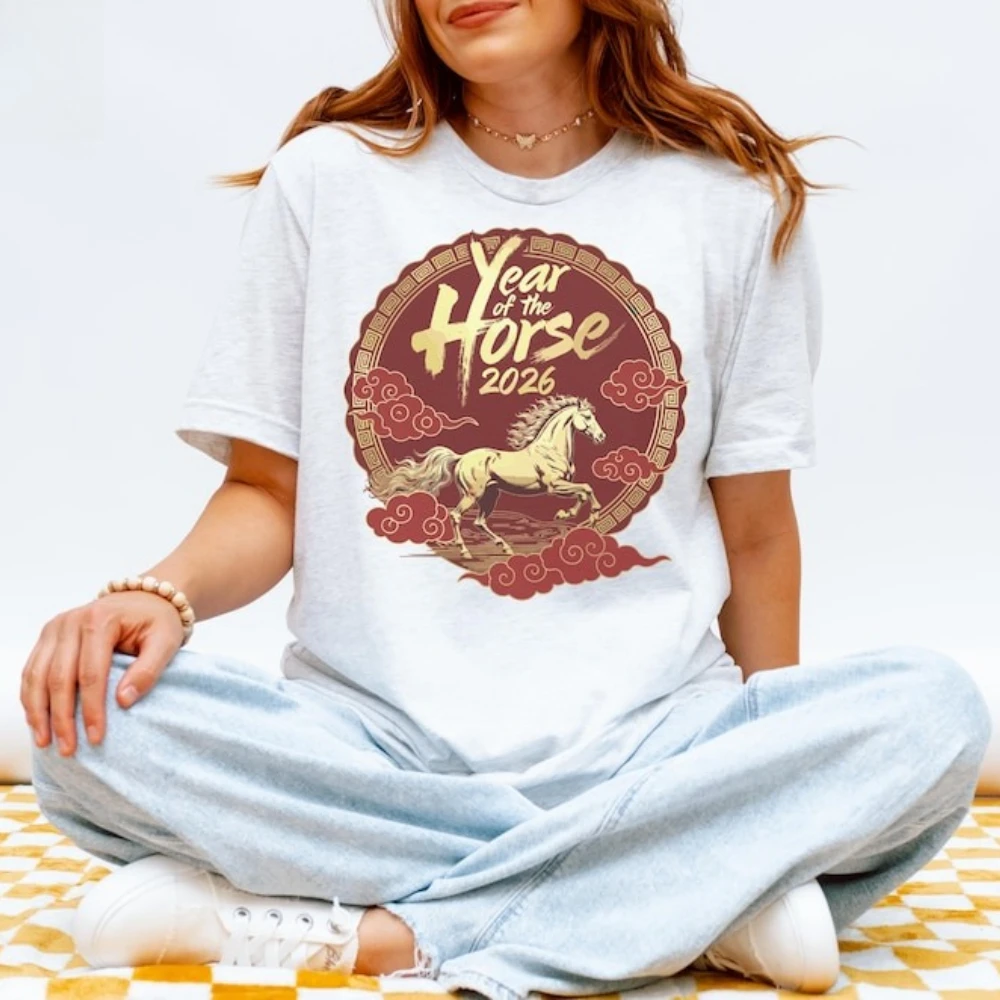 

Year of The Horse 2026 T-Shirt Chinese Zodiac Tee New Year Fashion Creative Design Unisex Tshirt Men Women Holiday Cotton Tops