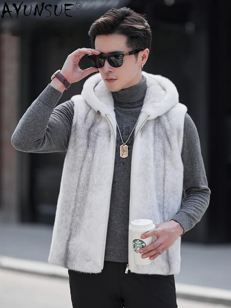 AYUNSUE Real Fur Coat Mink Fur Jackets for Men 2023 Luxury Sleeveless Fur Vest Mans Clothing Hooded Mink Fur Coats Streetwear