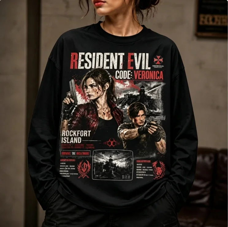 Unisex Top Resident Code Veronica Long Sleeved T-shirt for Men and Women Claire Redfield Steve Burnside Printed Retro T-shirt