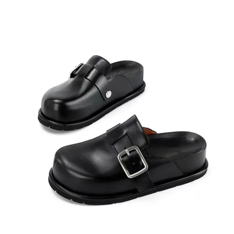 

Thick-Soled Calzados Black Brown Half-Slippers Genuine Leather Zapatos Para Close-Toe Sandales à Talons Premium Versatile