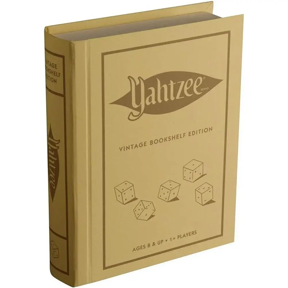 

Yahtzee Vintage Bookshel Edition, Luxury Dice Game in Linen-Wrapped Book Case with Slipcase, Premium Scorebook, Deluxe Rolling T