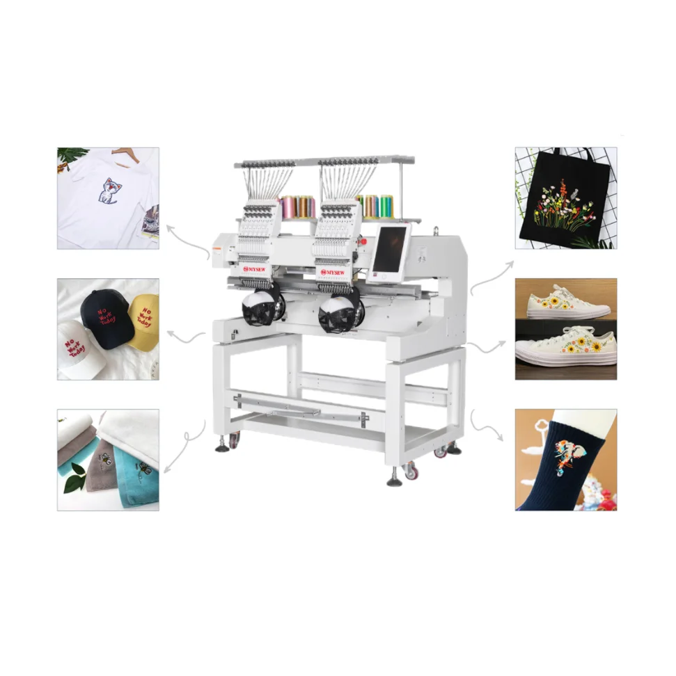 MYSEW MJS1202 التلقائي 12 إبرة 2 رئيس آلة التطريز المحوسبة الصناعية للملابس قبعات الملابس المسطحة تي شيرت