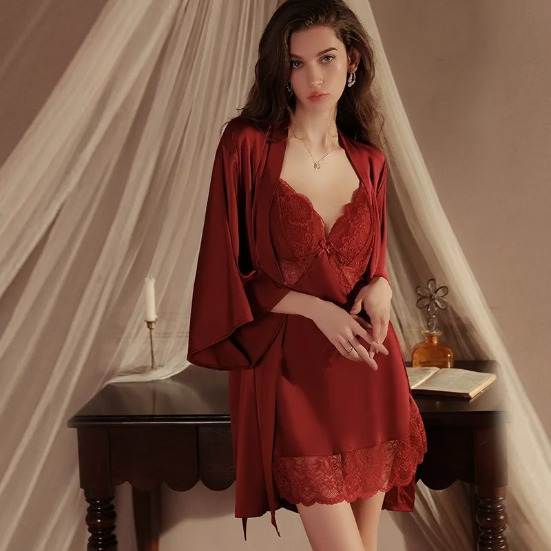 French Pure Desire Hot Deep V Built in Pads Strap Sleepwear Sexy See Through Lace Satin Nightgown Robe Loungewear Set