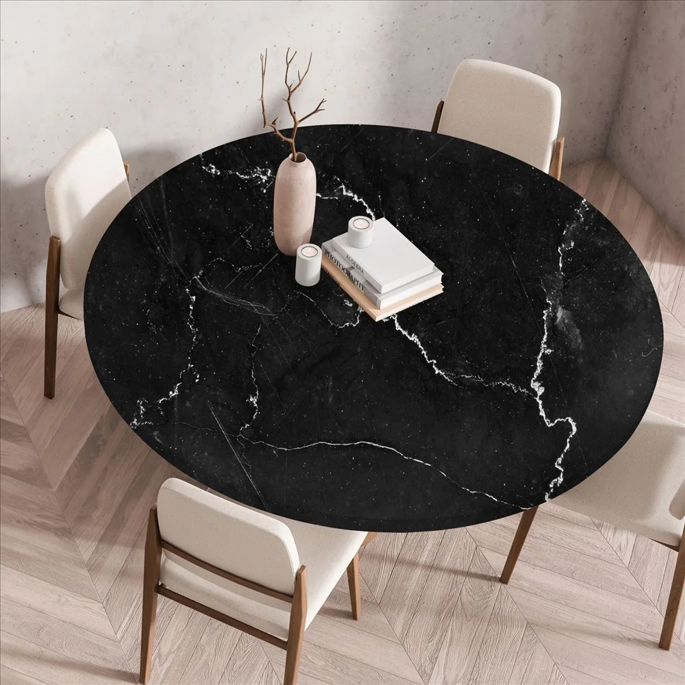 Round Marble Tablecloth Elastic Table Cover Waterproof and Wash Free Tablecloth Round Table Mat for Kitchen