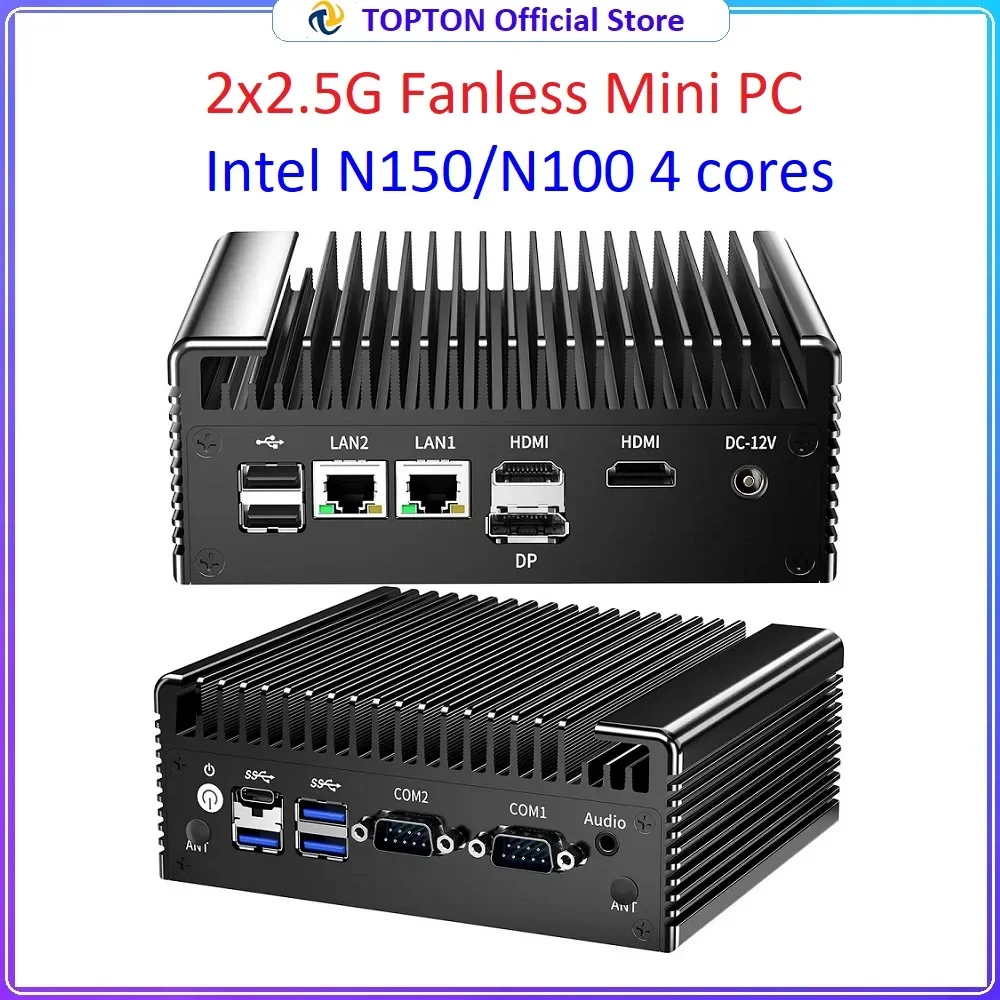 Topton Solid Firewall PC  N150 N100 Fanless Mini PC 2x2.5G Nics 2*COM NVMe DDR4 2*HD 1*DP Type-C Industrial Mini Computer