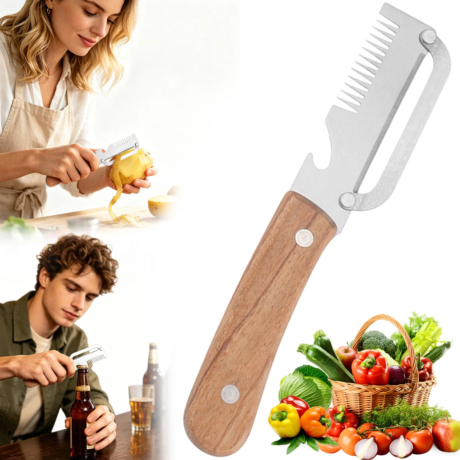 Stainless Steel Vegetable Peeler With Wooden Handle 2-in-1 Fruit Potato Peeler With Bottle Opener Kitchen Peeling Cooking Tools