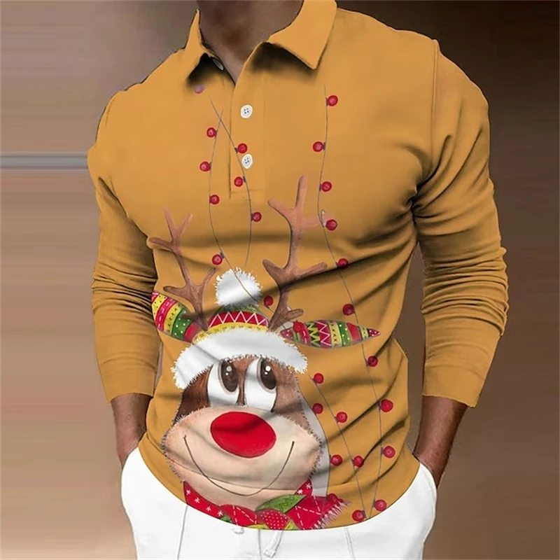 Cute Christmas Festival 3D Graphic Long Sleeve Polo Shirt For Mens Clothes Fresh Casual Fashion Male Lapel Shirts Comfy Tops