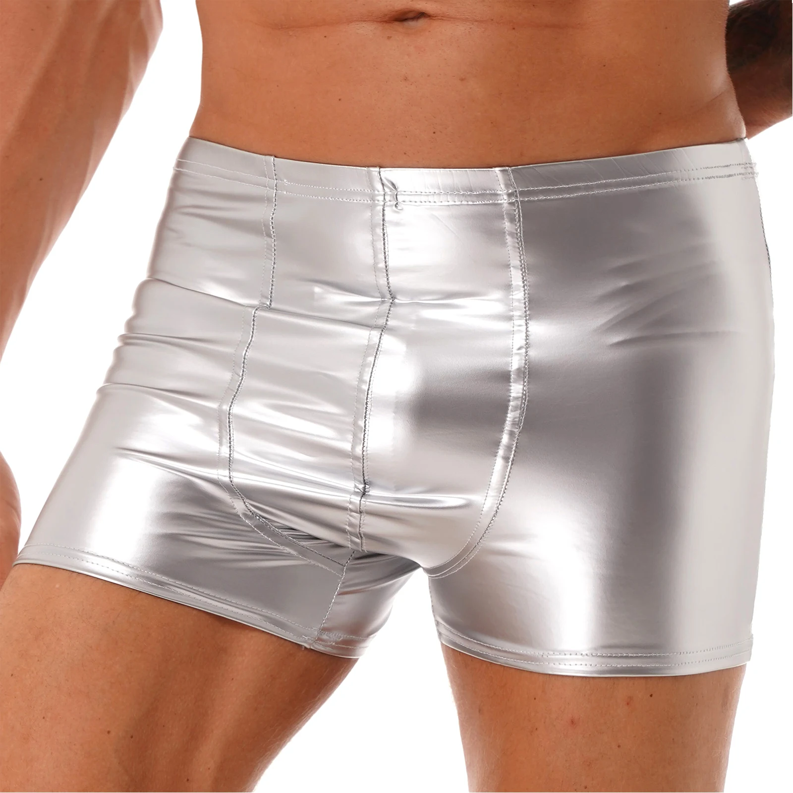 Mens Shiny Leather Hot Shorts Tight Trunks Swimwear Bulge Pouch Boxer Brief Waistband Short Pants for Club Party Causal Costumes