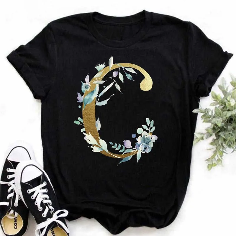 Maycaur Gold Alphabet with Blue Flowers A B C D Letter Print Women T Shirt Customize Name T Shirt Short Sleeve Female Tees Tops