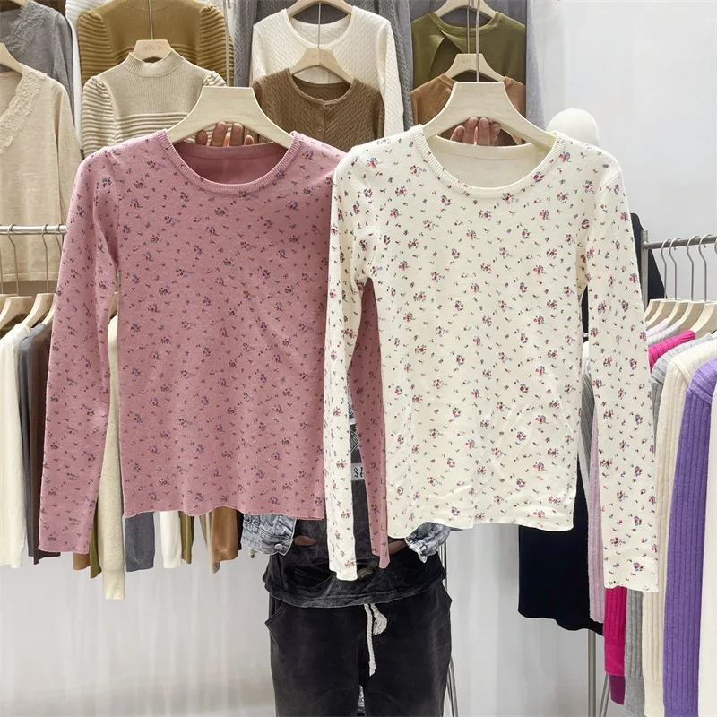 

Корейская серая длинная футболка с цветочным рисунком, свитер, женские пуловеры, Осенний дизайнерский облегающий короткий базовый свитер, женские топы