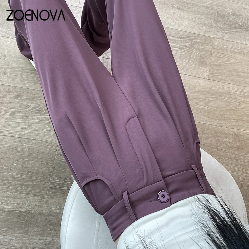 ZOENOVA Summer Fashion Women\'s Thin Business Casual Ice Silk Pants Office Ladies High Waist Slim Wide Leg Straight Suit Trousers