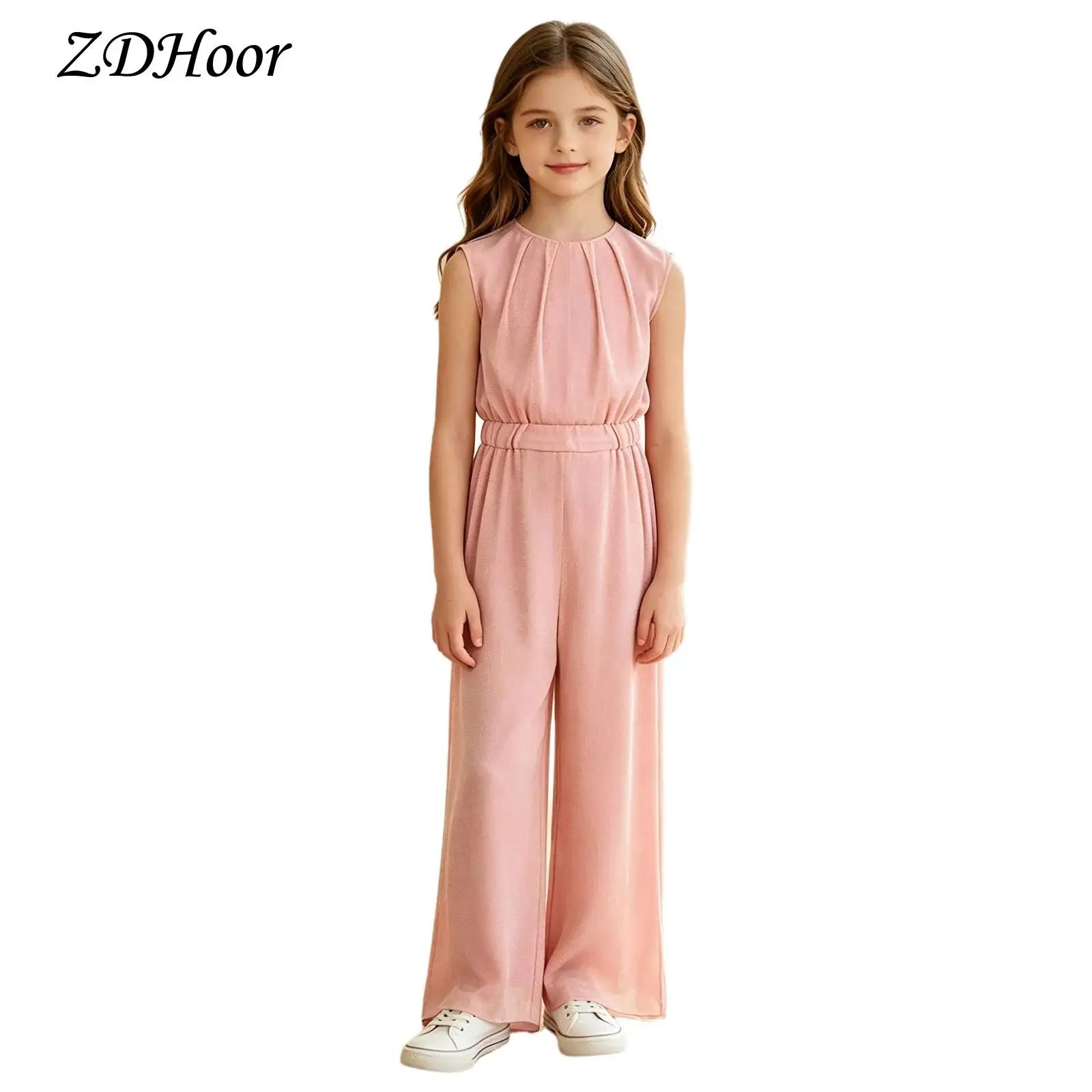 Kids Girls Glitter Flowy Wide Leg Jumpsuit Sleeveless Shimmery Mesh Back Invisible Zipper Elastic Waist Double-layer Romper
