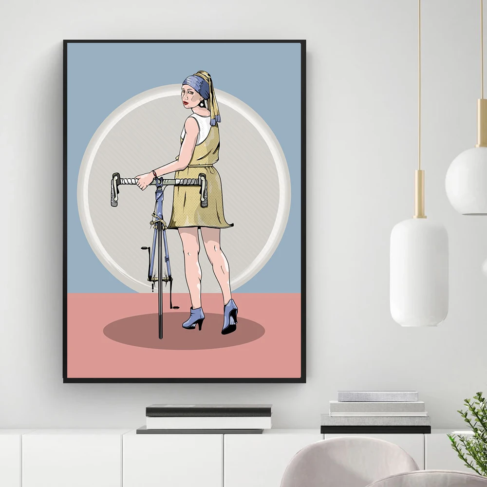 Funny The Girl with A Pearl Earring Bike Canvas Painting Portrait Posters and Prints Wall Art Picture for Living Room Home Decor