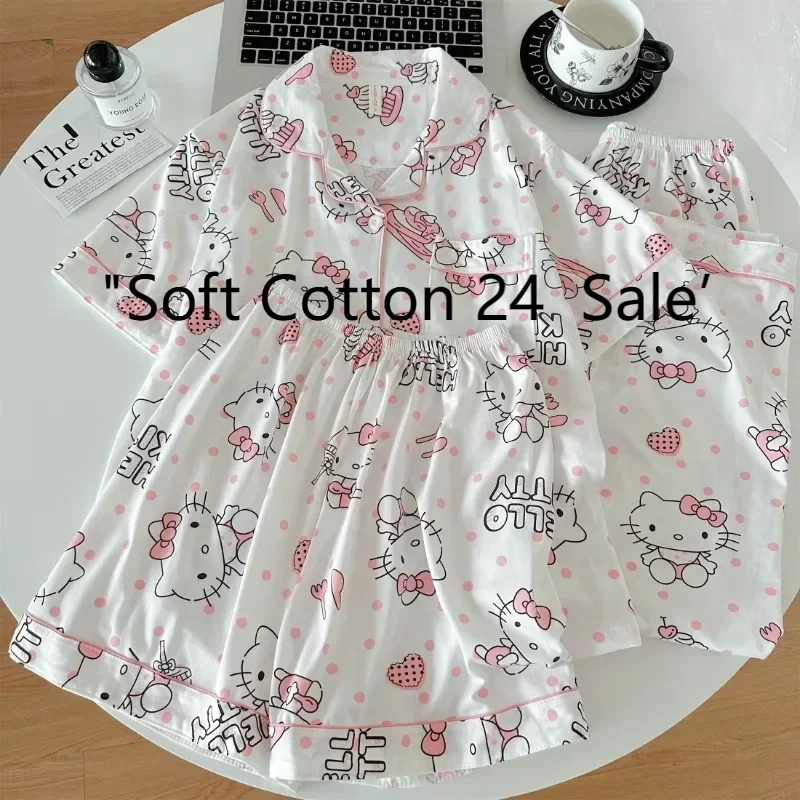 

Новые летние белые лацканы из искусственного хлопка с рисунком Hello Kitty, короткие брюки с короткими рукавами, милая домашняя одежда, пижамный комплект из трех предметов