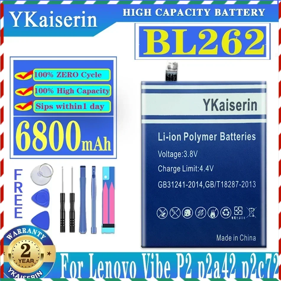 YKaiserin 6800mAh BL262 BL 262 Battery For Lenovo Vibe P2 P2C72 P2A42 Mobile Phone Replacement Batteries Bateria