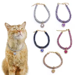 Luxury Cat Collar with Heart Crystal Pendant Puppy Chihuahua Necklace Reflective Rhinestone Kitten Neck Strap Pets Accessories