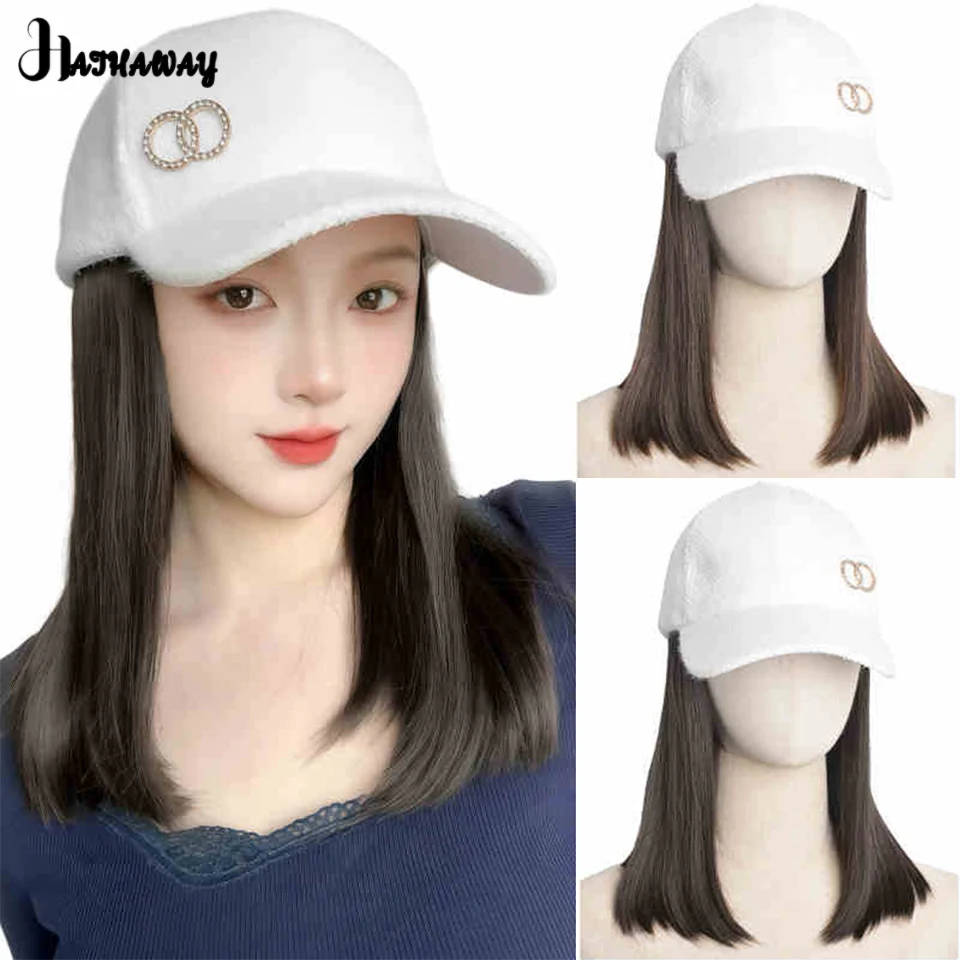 Synthetic Hats And Wigs Women's Plush Rhinestone Baseball Caps In Autumn And Winter Fluffy Fashion Straight Hair Buckle Wig Hats