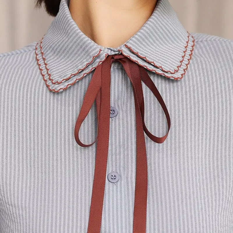 Summer Women's Button Turn-down Collar Short Sleeve Bandage Solid Color Striped Shirt Casual All-match Korean Drawstring Tops