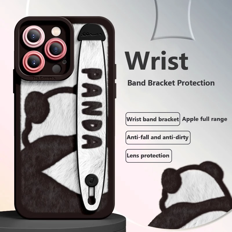 Deluxe Wrist Band Bracket Case For iphone 15 14 13 12 11 Pro Max X XR Xs The stuffed Panda Silicone Cell Phone Protective Cover