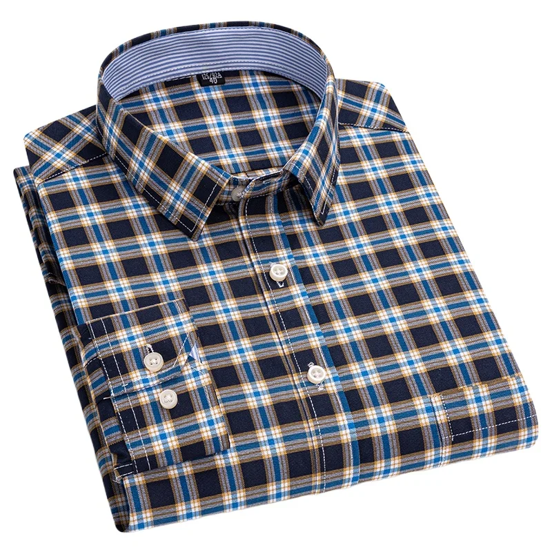 

Men's Social Shirt Pure Cotton Oxford Luxury Brand Thin Soft Buttoned Plaid Formal Work Western Clothing