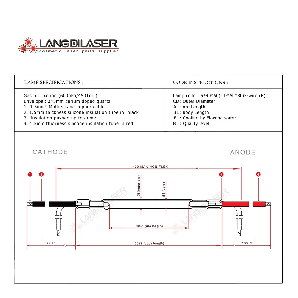 Customized Xenon Arc Flash Lamp With Size 5*40*60F - Straight Cable / Outer Dia.5mm / Arc Length 40mm / Body length 60mm