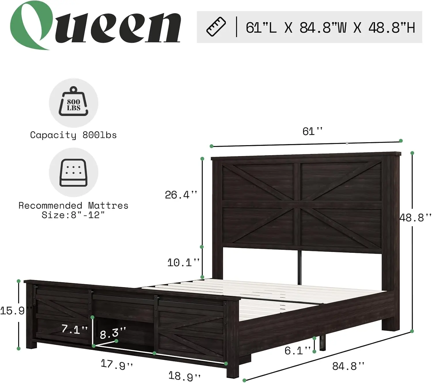 

48.8" Farmhouse Wood Bed Frame Queen Size with Sliding Barn Door Storage Cabinets and Headboard,Solid Wood Slats Support