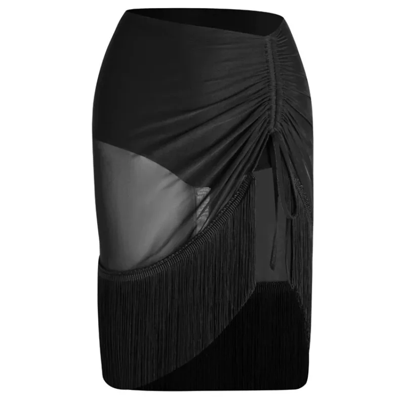 بدلة فستان رقص لاتينية للنساء بدون ظهر وأكمام طويلة، تنورة شبكية بشراشيب، أداء تدريب رومبا تشاتشا العاطفي