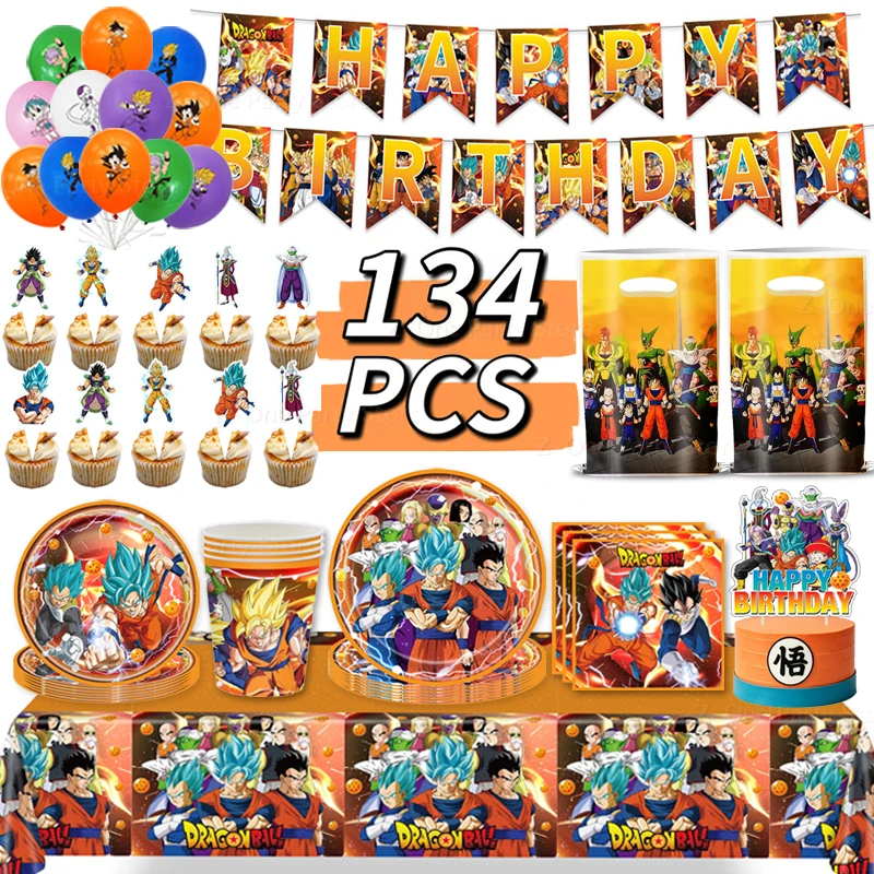 Hot Anime Dragon Ball Party Plates Set Cup 2 Tablecloth Gift Bag Balloon Baby Shower Goodie Bag Happy Birthday Decoration Kit